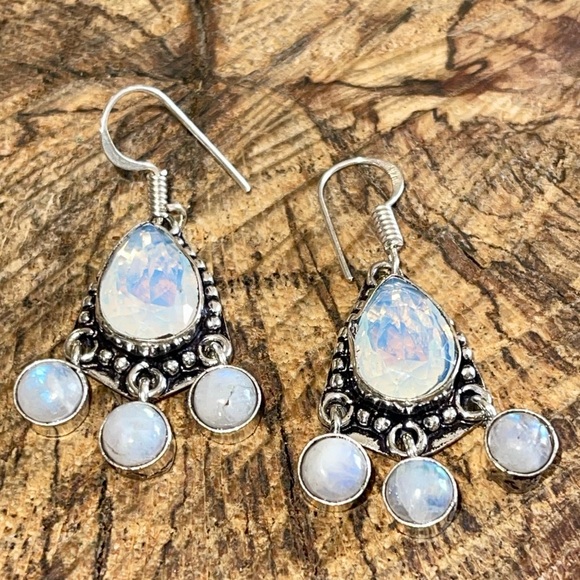 Rainbow Moonstone & Synthetic Opalite Earrings 1 1/2” - Picture 11 of 12
